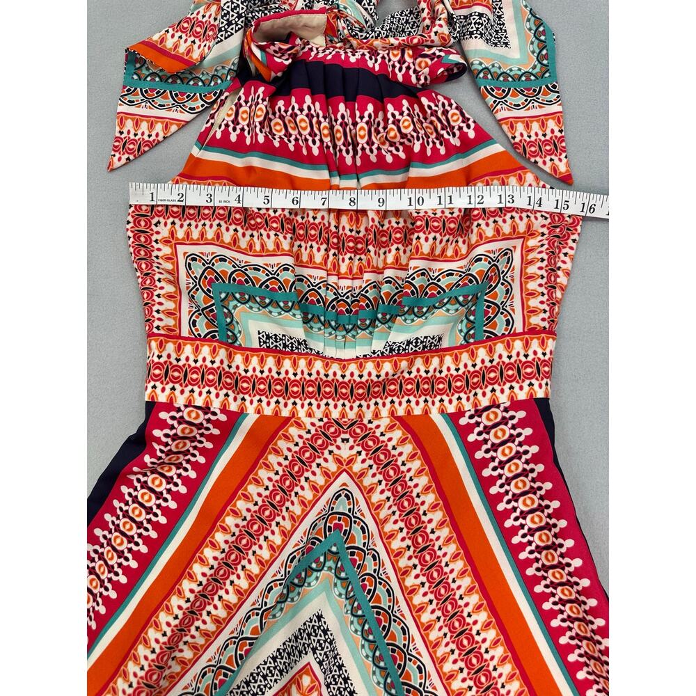 Eliza J Scarf Print Crepe De Chine Maxi Dress Keyhole Tie Pleated Boho Size 4 - Picture 11 of 13